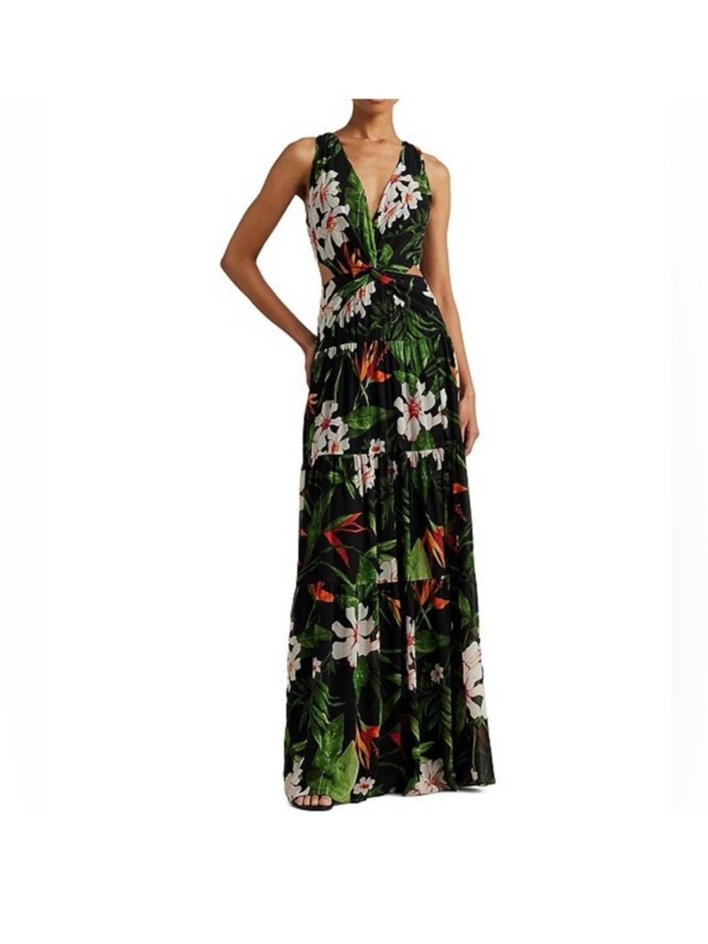 NWT Ralph Lauren Renfur Floral Georgette V-Neck Maxi Dress Cut Out Tiered, 14
